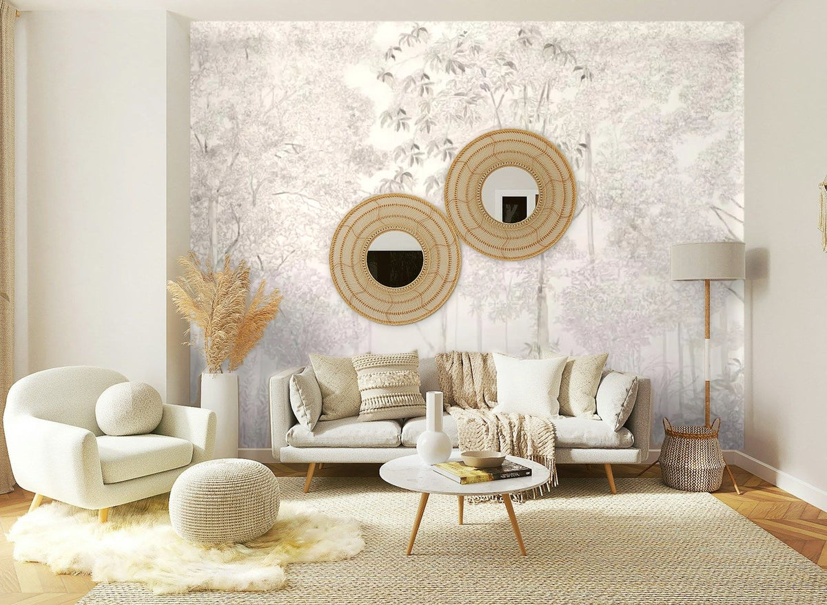 Papier peint panoramique Sous-bois aquarelle lin rosé posé sur le mur d’un salon