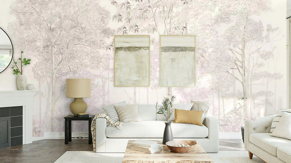 Papier peint panoramique Sous-bois aquarelle lin rosé posé au-dessus du canapé d’un séjour
