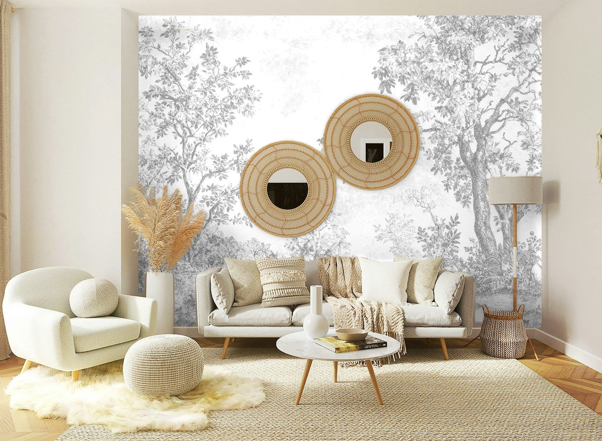Papier peint panoramique Sous-bois au crayon gris posé sur le mur d’un salon