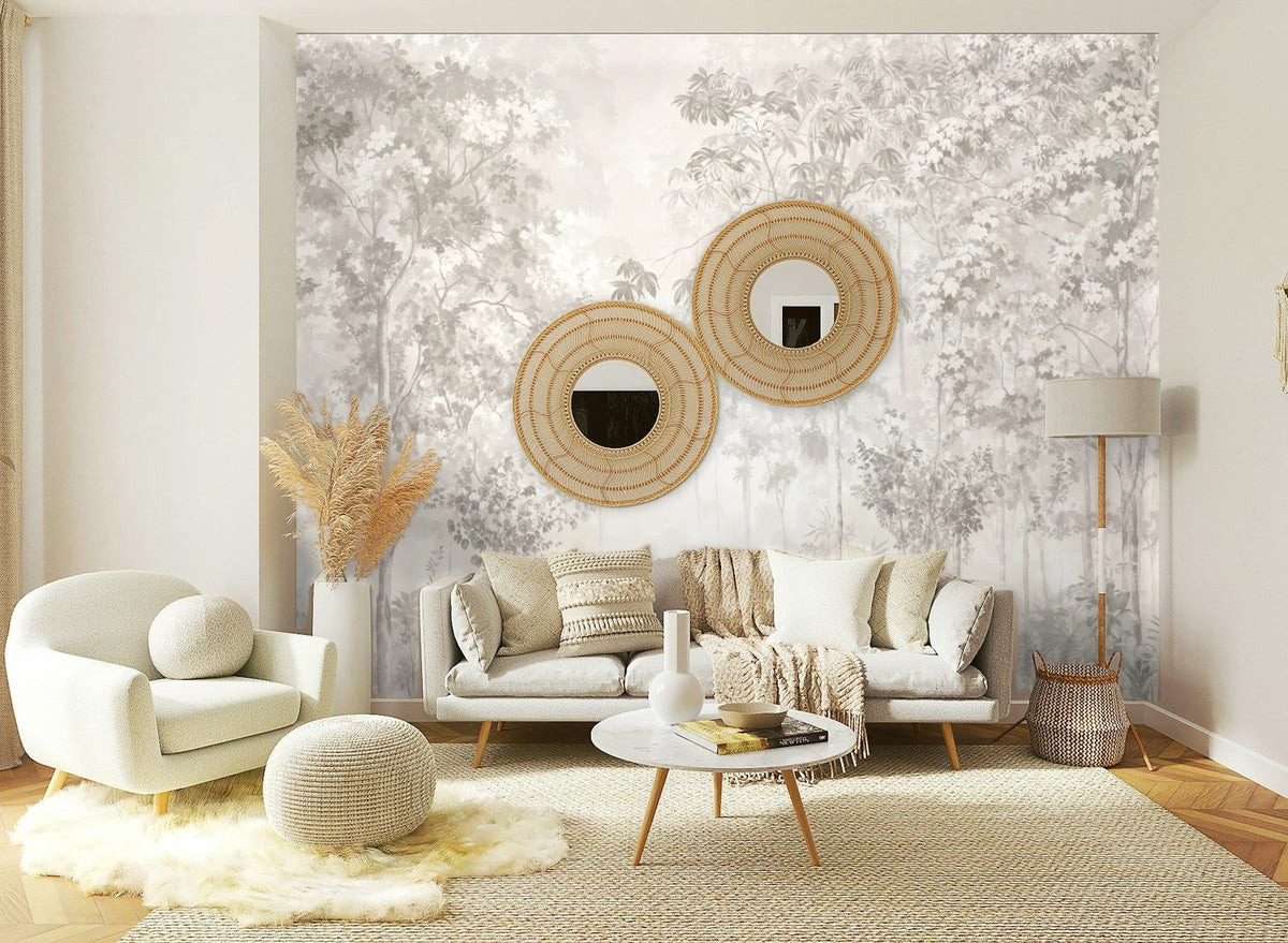 Papier peint panoramique Sous-bois léger lin et sauge posé sur le mur d’un salon