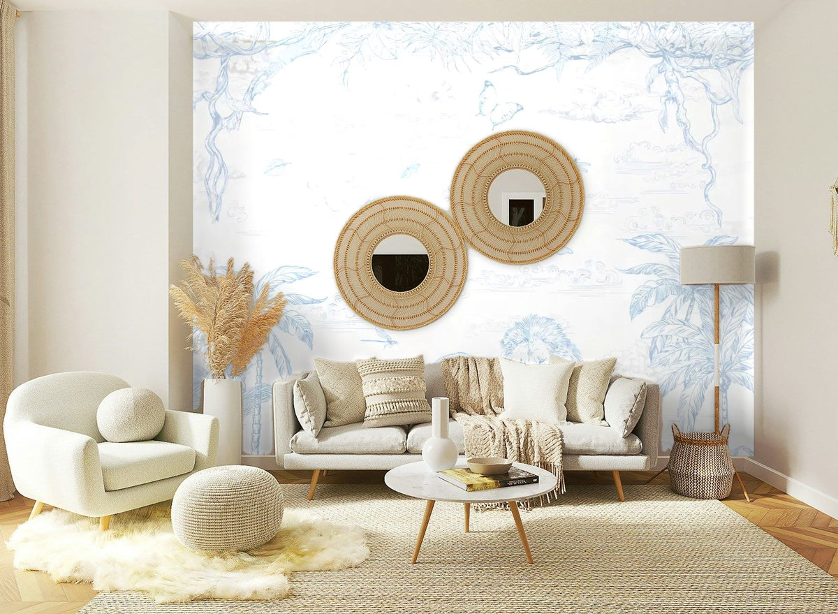 Papier peint panoramique Toile safari bleu ciel posé sur le mur d’un salon
