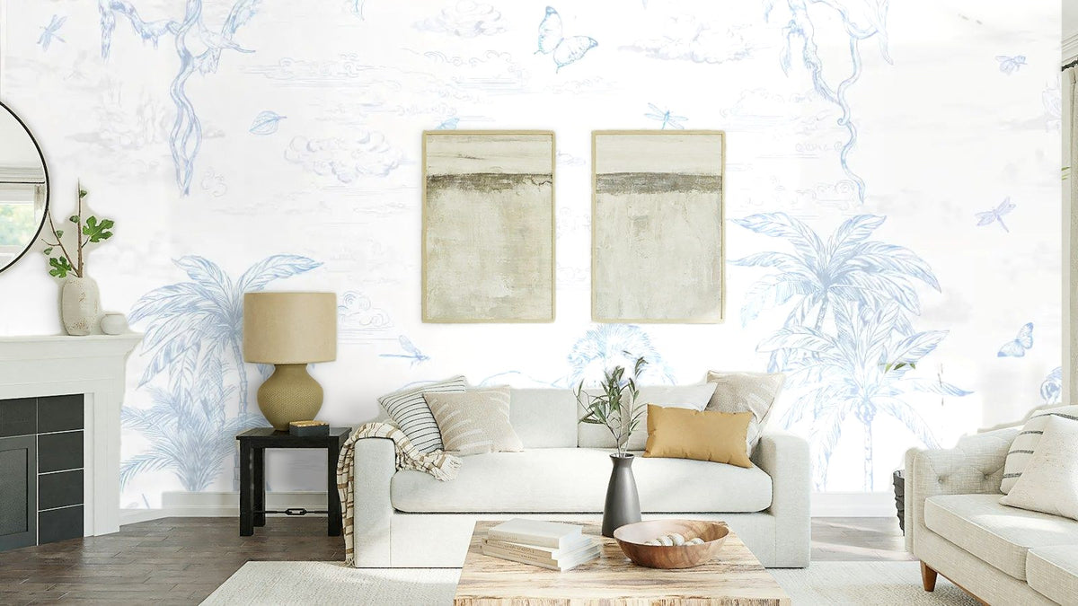 Papier peint panoramique Toile safari bleu ciel posé au-dessus du canapé d’un séjour