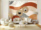 Papier peint panoramique Vagues terracotta et crème posé sur le mur d’un salon