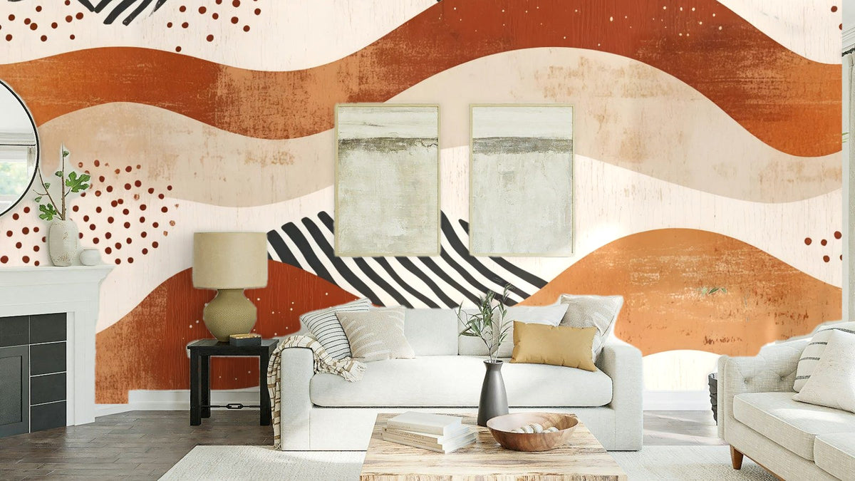 Papier peint panoramique Vagues terracotta et crème posé au-dessus du canapé d’un séjour