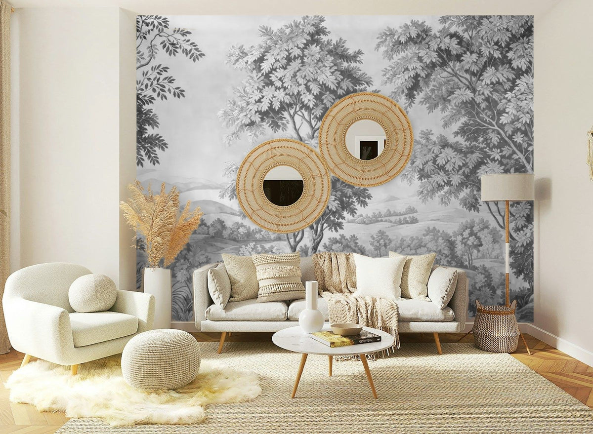 Papier peint panoramique Verdure ancienne gris perle posé sur le mur d’un salon