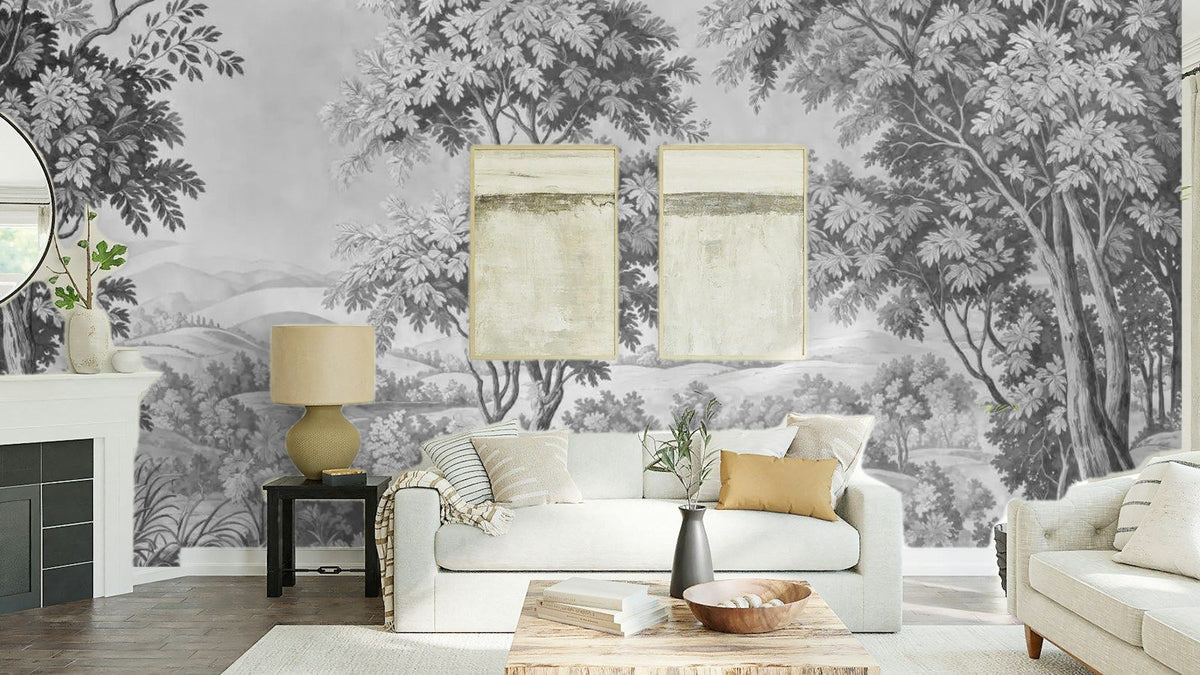 Papier peint panoramique Verdure ancienne gris perle posé au-dessus du canapé d’un séjour
