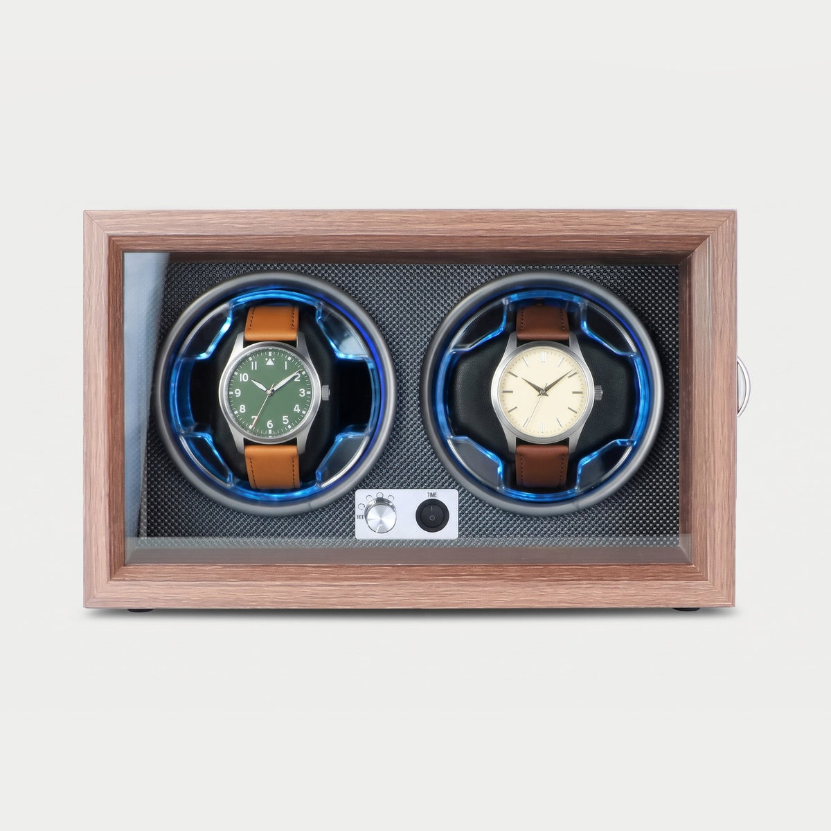 Remontoir Aiguille 2 montres, façon noyer et chrome, deux montres sur leurs coussins