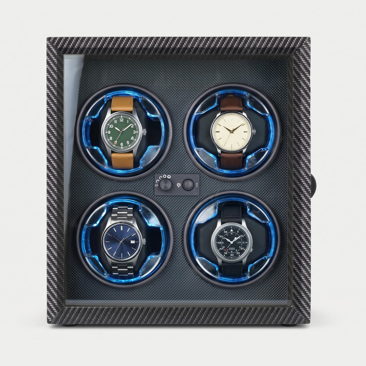 Remontoir Aiguille 4 montres, façon carbone, quatre montres sur leurs coussins
