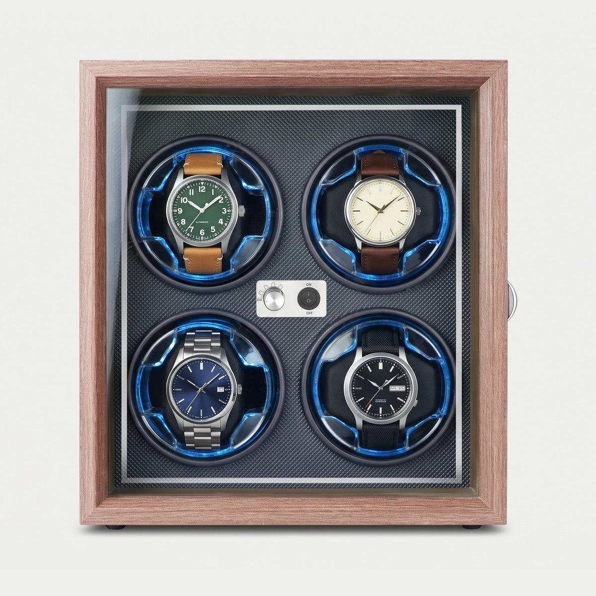 Remontoir Aiguille 4 montres, façon noyer et chrome, quatre montres sur leurs coussins