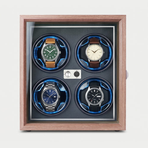 Remontoir Aiguille 4 montres, façon noyer et chrome, quatre montres sur leurs coussins