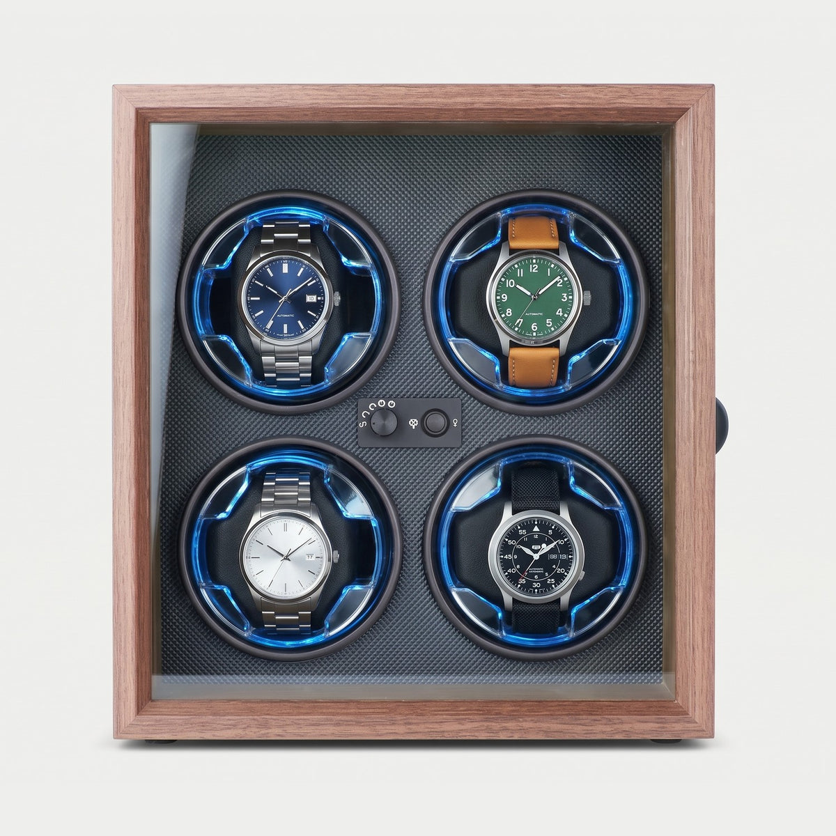 Remontoir Aiguille 4 montres, façon noyer et noir, quatre montres sur leurs coussins