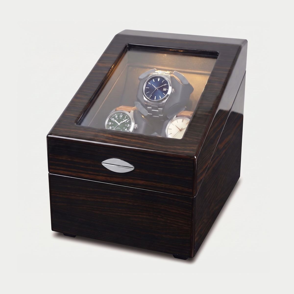 Remontoir Balancier 3 montres avec rangement, laque façon ébène, trois montres sur leurs coussins