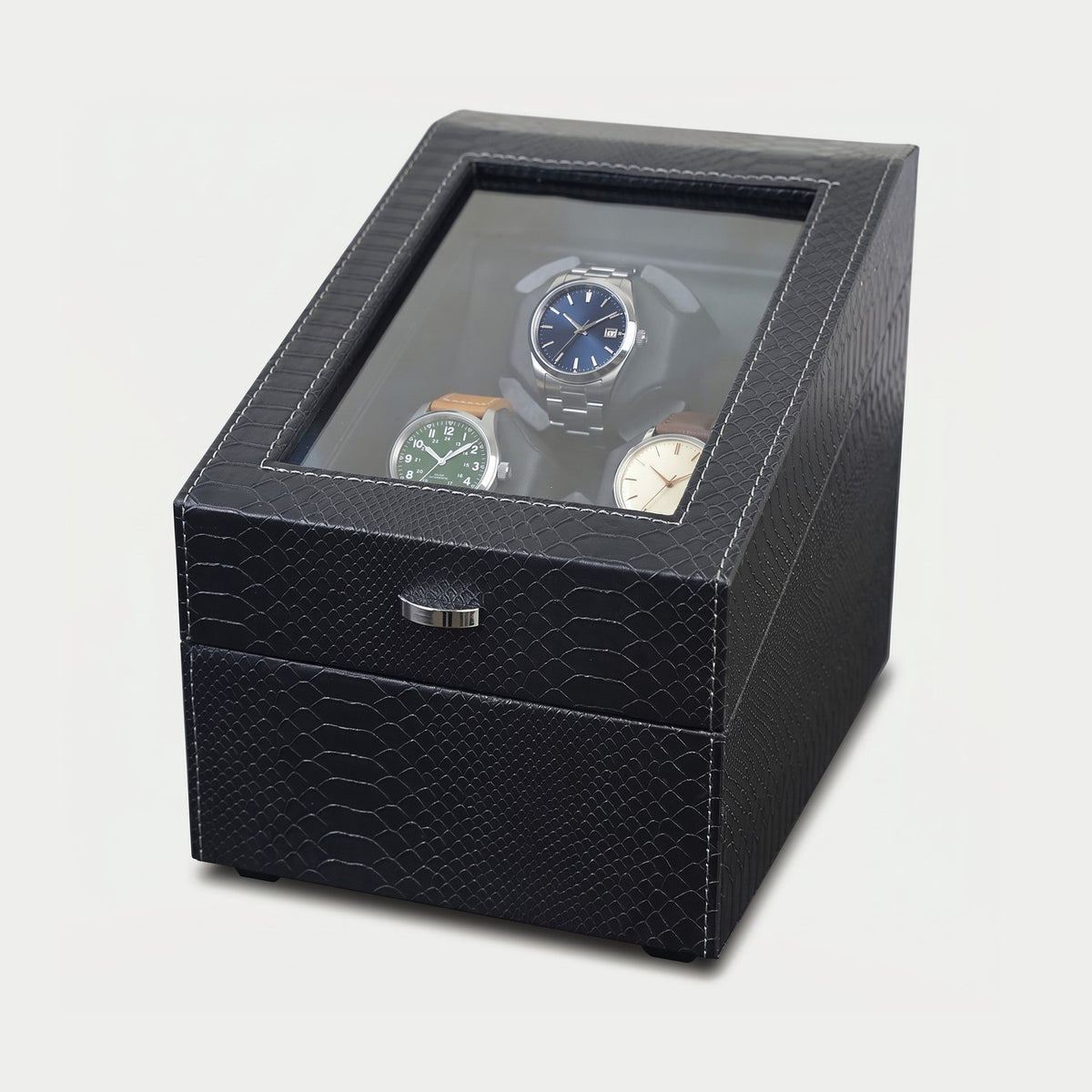 Remontoir Balancier 3 montres avec rangement, similicuir noir, trois montres sur leurs coussins