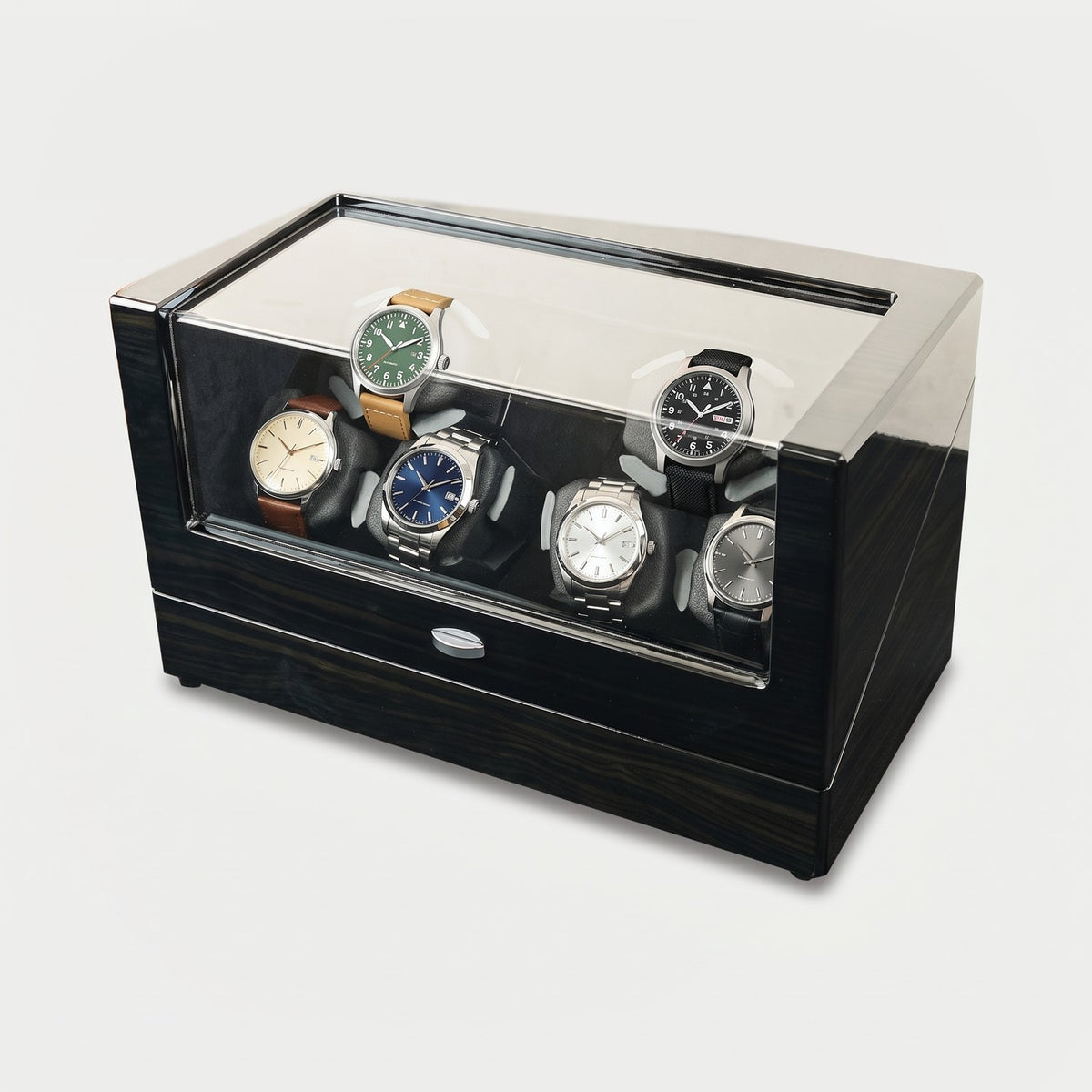 Remontoir Balancier 6 montres, laque façon ébène, six montres sur leurs coussins