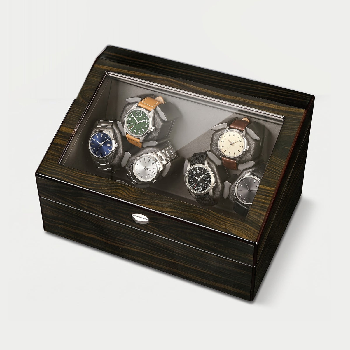 Remontoir Balancier 6 montres avec rangement, laque façon ébène, six montres sur leurs coussins