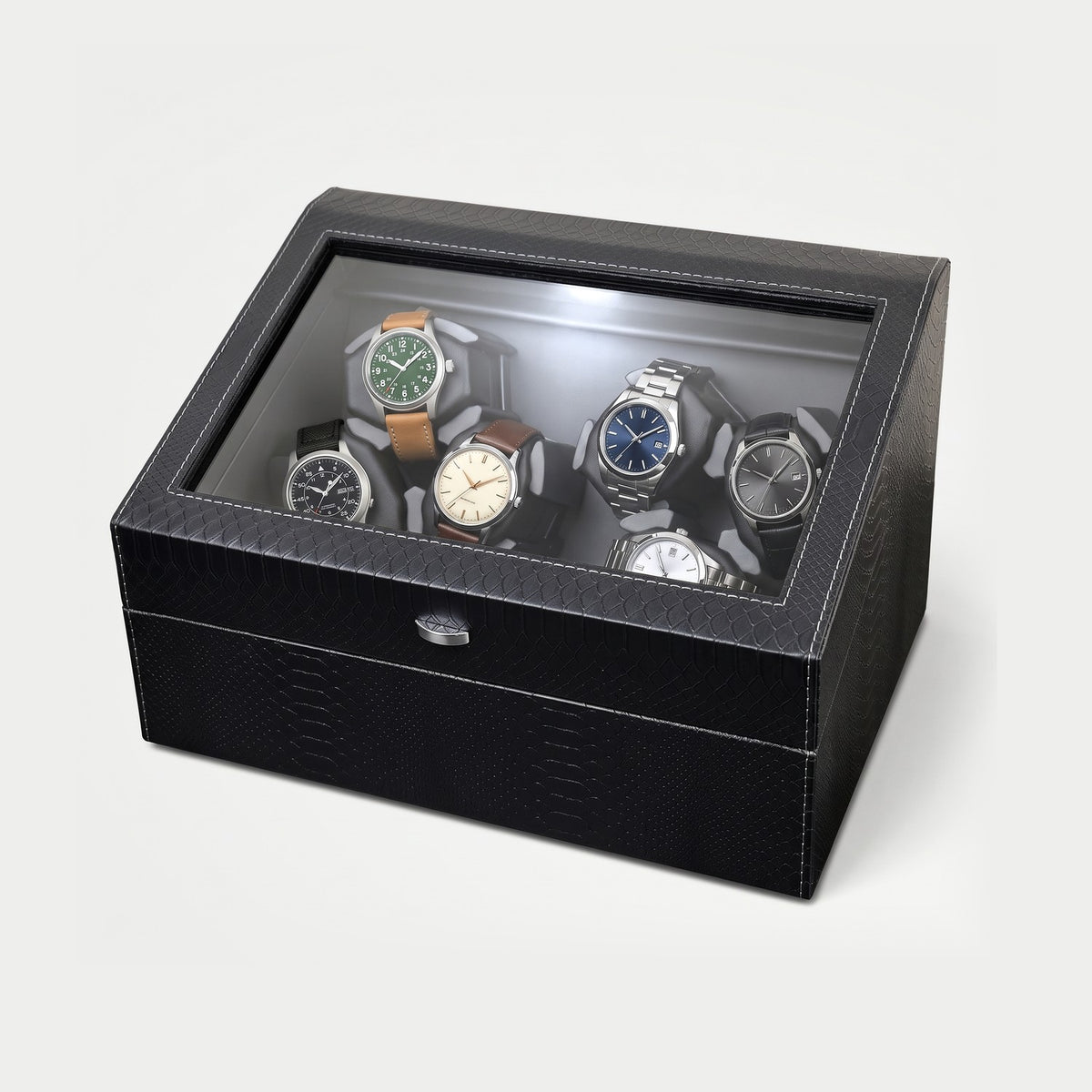 Remontoir Balancier 6 montres avec rangement, similicuir noir, six montres sur leurs coussins