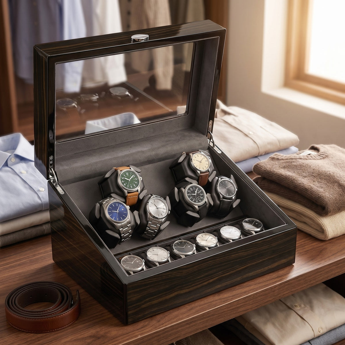 Remontoir Balancier ouvert sur une étagère de dressing, six montres sur les plateaux et six dans le rangement