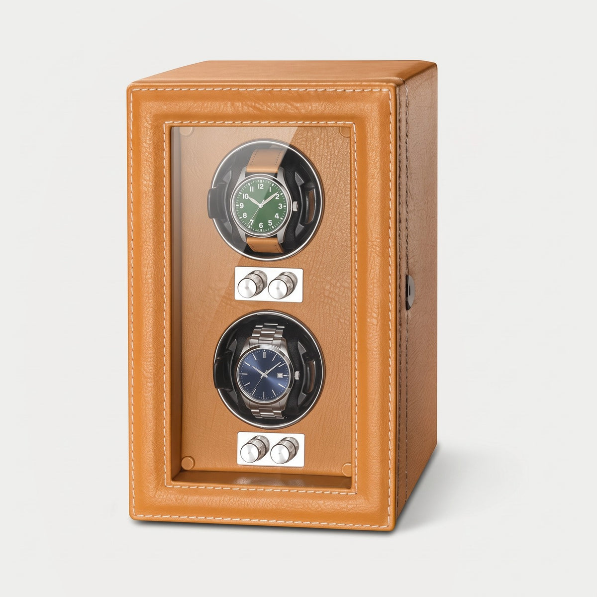 Remontoir Barillet 2 montres, similicuir cognac, deux montres sur leurs coussins