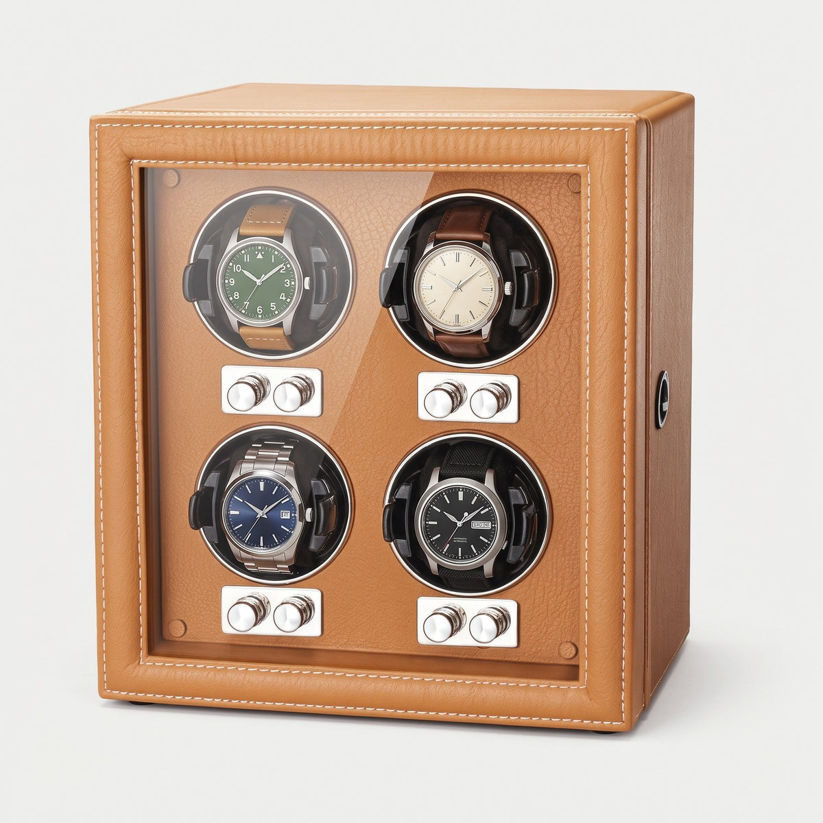 Remontoir Barillet 4 montres, similicuir cognac, quatre montres sur leurs coussins