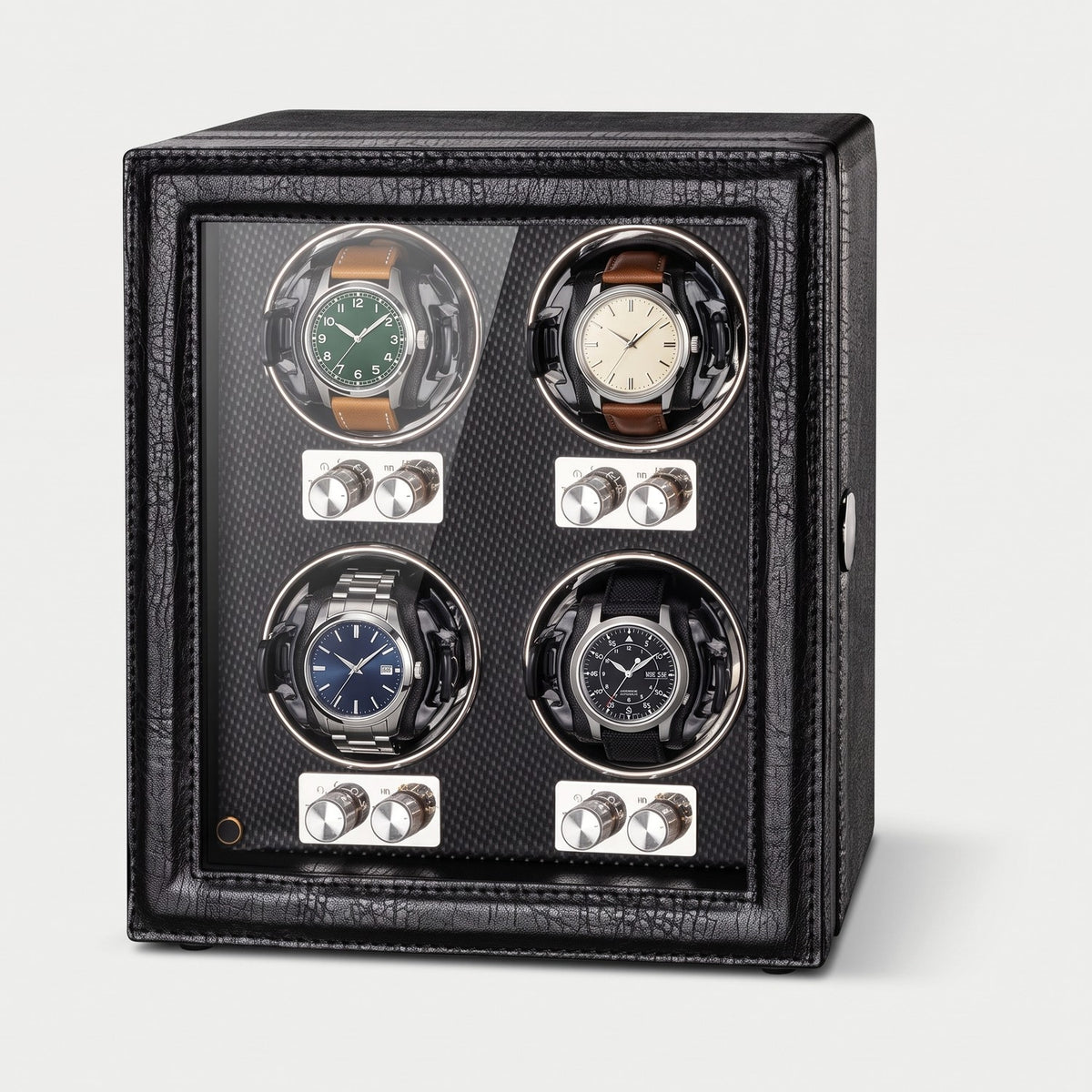 Remontoir Barillet 4 montres, similicuir noir, quatre montres sur leurs coussins