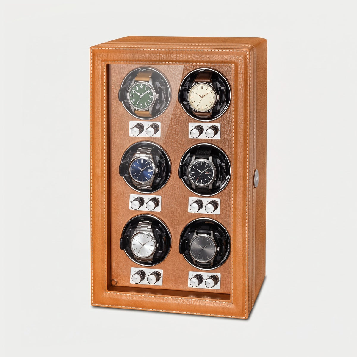 Remontoir Barillet 6 montres, similicuir cognac, six montres sur leurs coussins