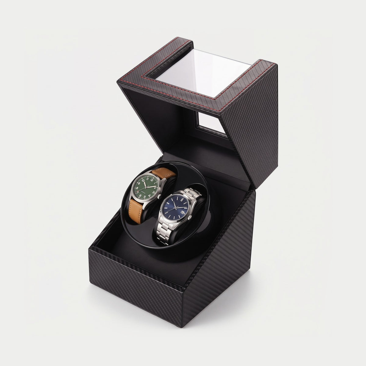 Remontoir Bascule 2 montres, façon carbone, deux montres sur leurs coussins