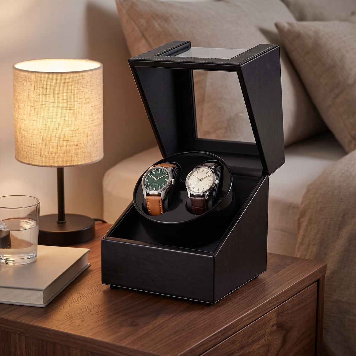 Remontoir Bascule 2 montres, posé sur une table de chevet
