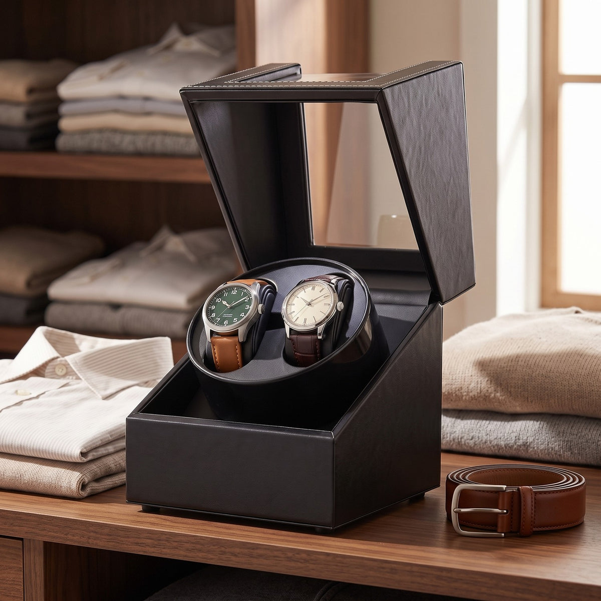 Remontoir Bascule 2 montres, posé sur une étagère de dressing, le matin