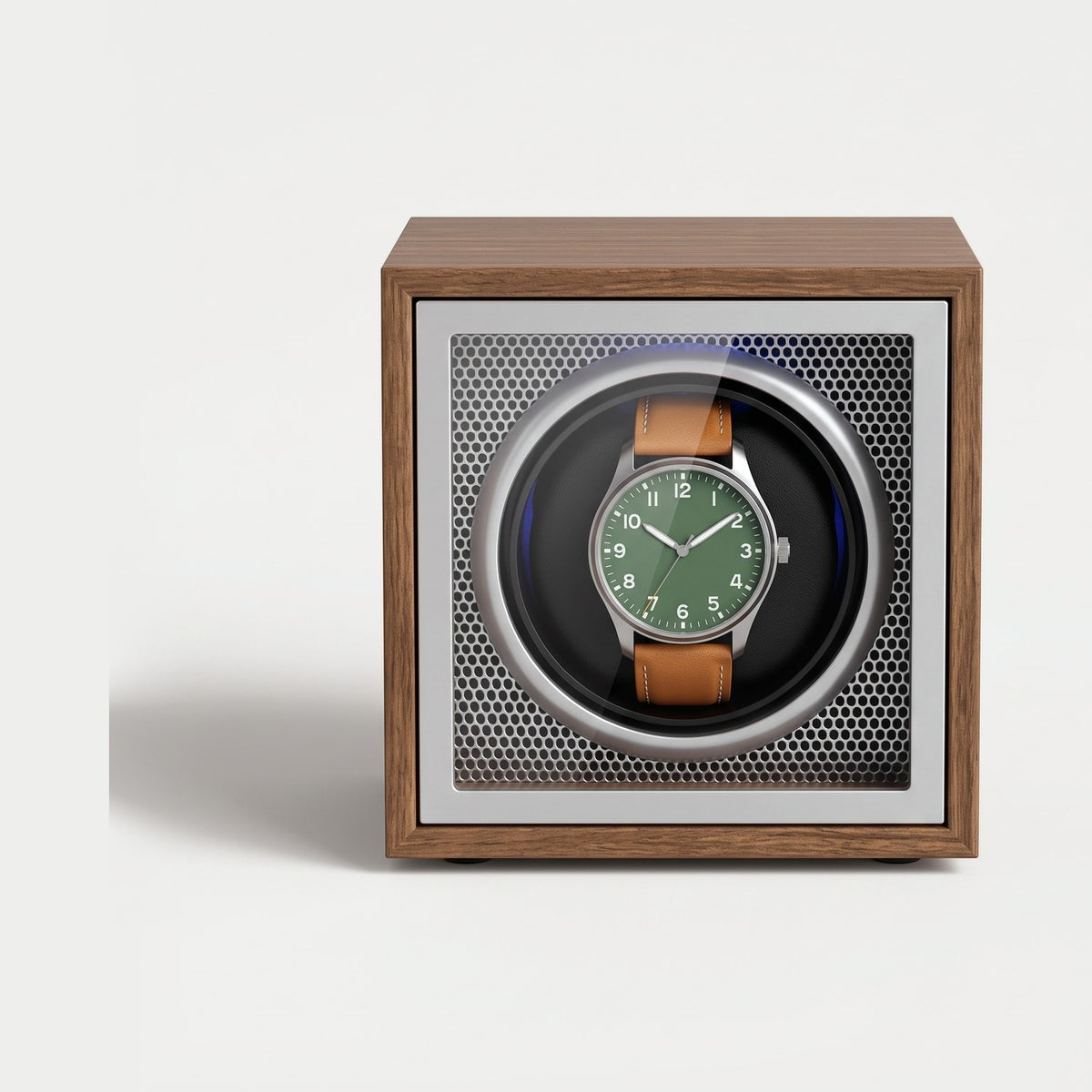 Remontoir Cadran une montre, bois foncé, intérieur noir, éclairage bleu, une montre sur son coussin