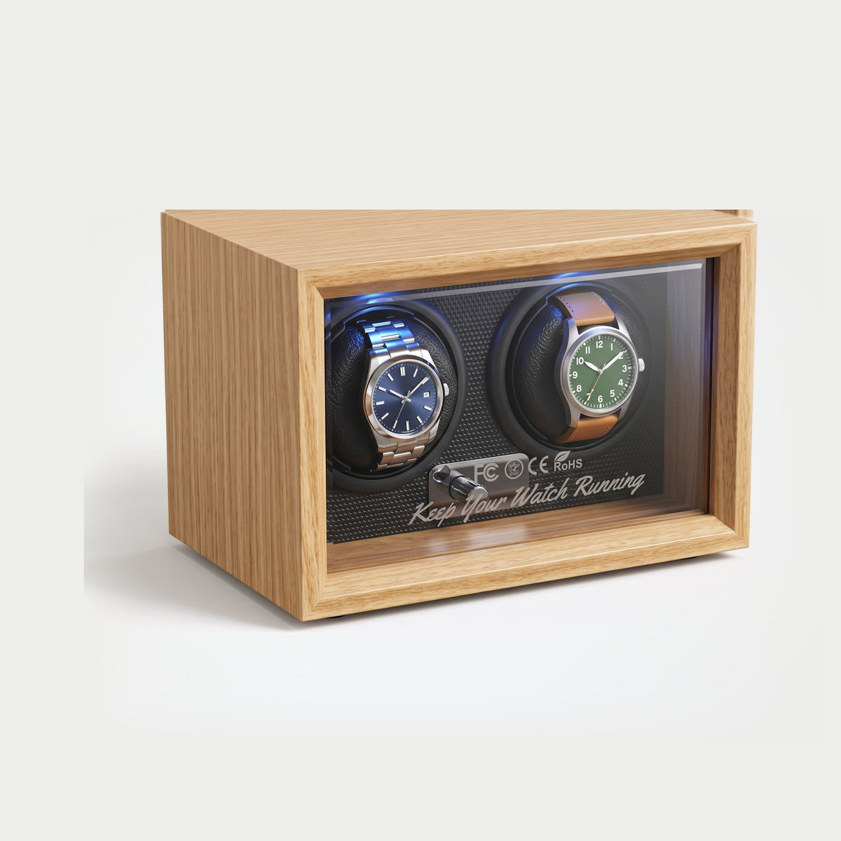 Remontoir Cadran 2 montres, bois foncé, intérieur noir, éclairage bleu, deux montres sur leurs coussins