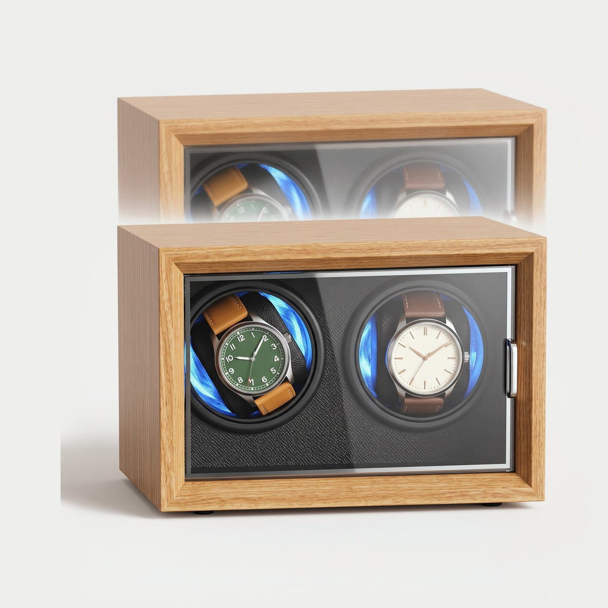 Remontoir Cadran 2 montres, bois foncé, intérieur rouge, éclairage bleu, deux montres sur leurs coussins