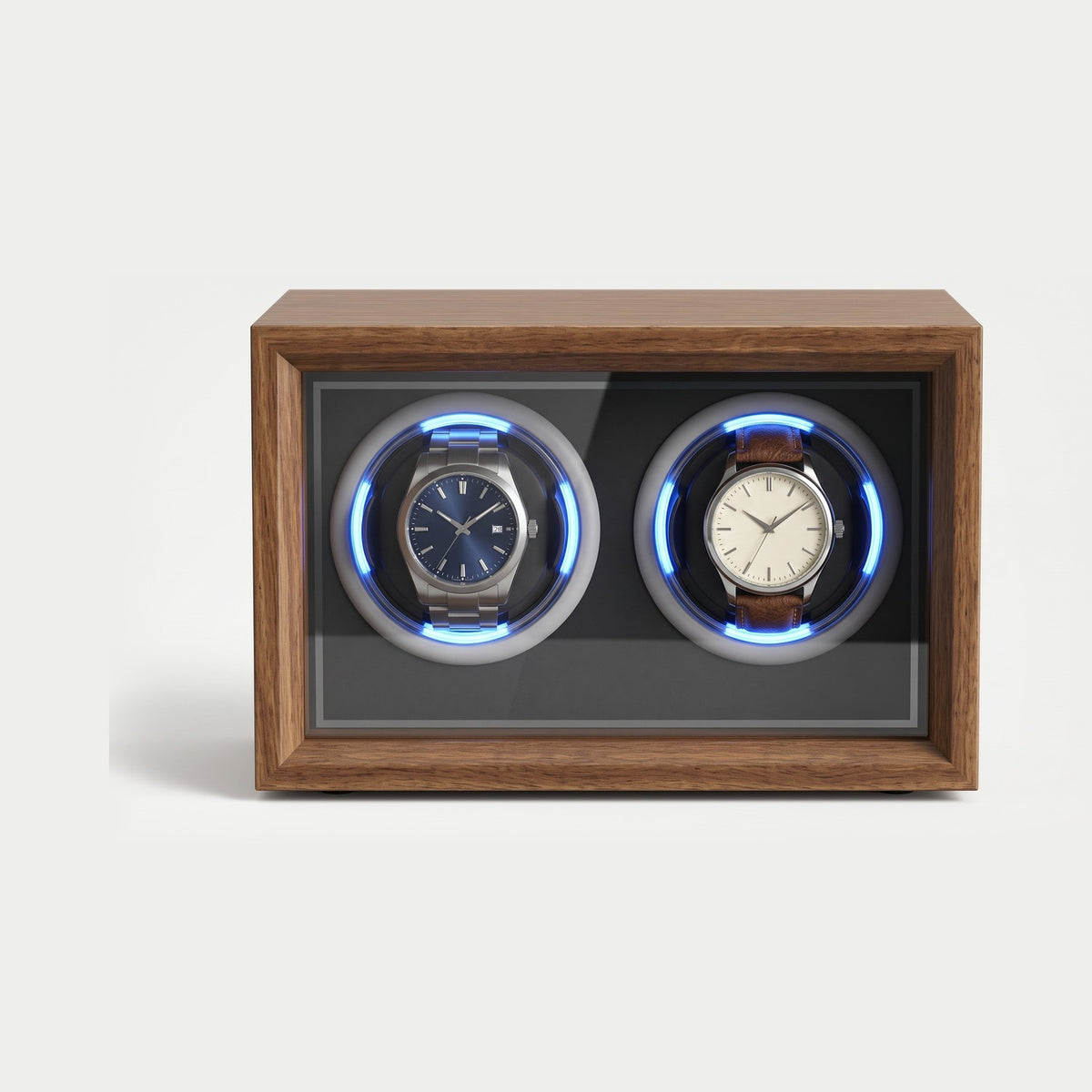 Remontoir Cadran 2 montres, bois foncé, intérieur noir, éclairage bleu, deux montres sur leurs coussins