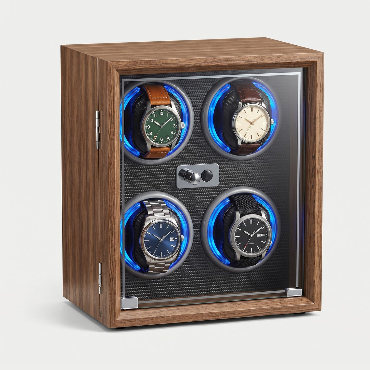 Remontoir Cadran 4 montres, bois foncé, intérieur noir, éclairage bleu, quatre montres sur leurs coussins