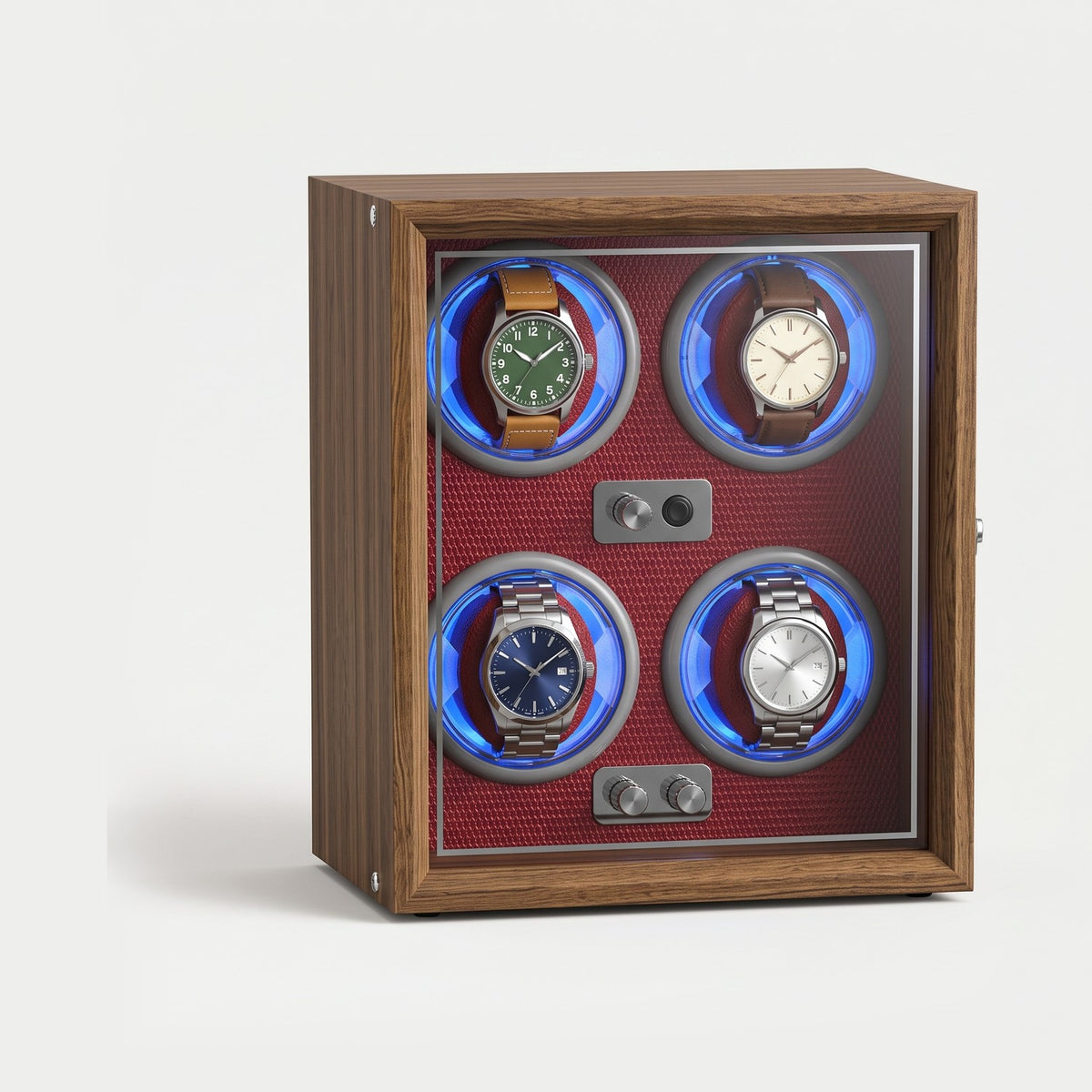 Remontoir Cadran 4 montres, bois foncé, intérieur rouge, éclairage bleu, quatre montres sur leurs coussins