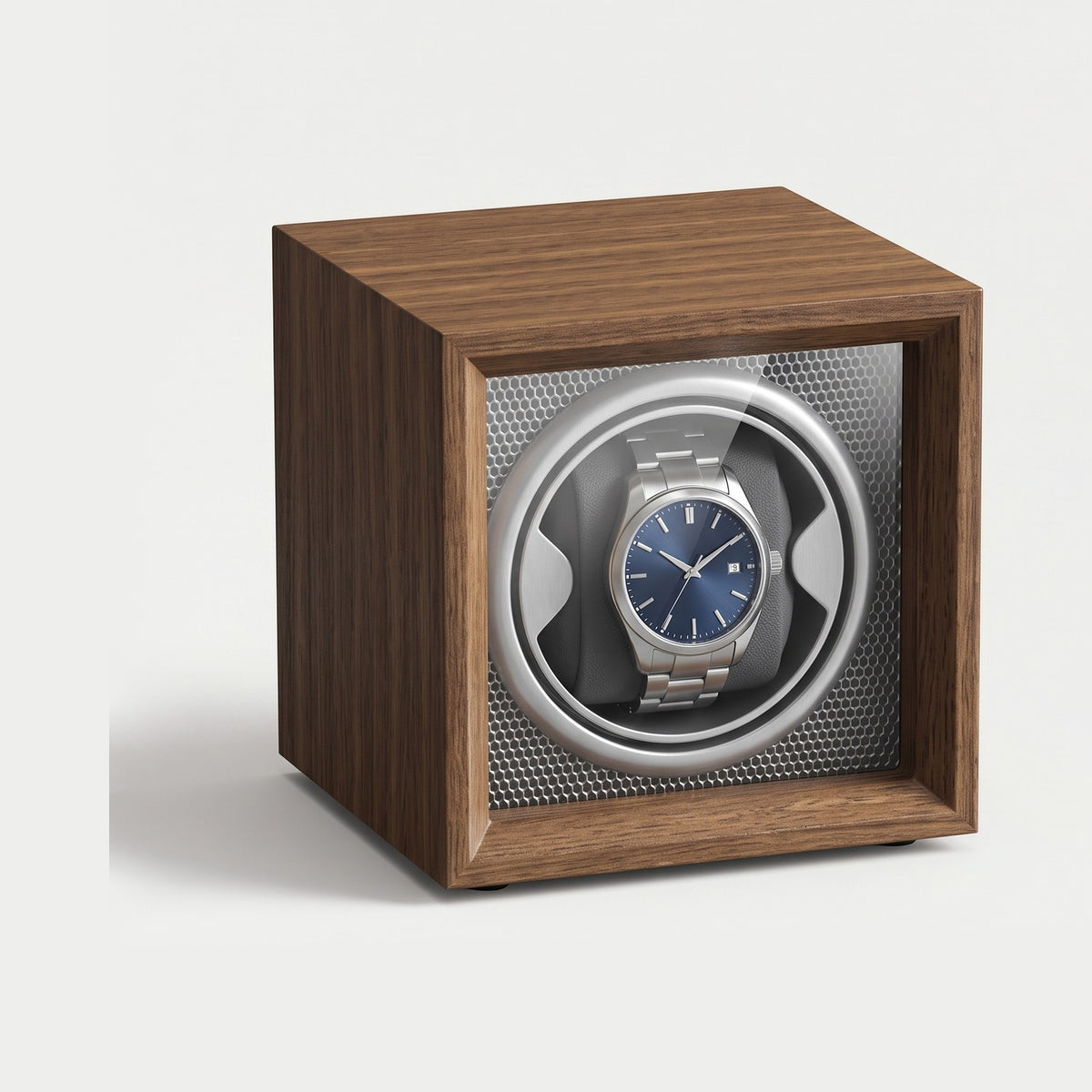 Remontoir Cadran une montre, bois foncé, intérieur noir, éclairage bleu, une montre sur son coussin