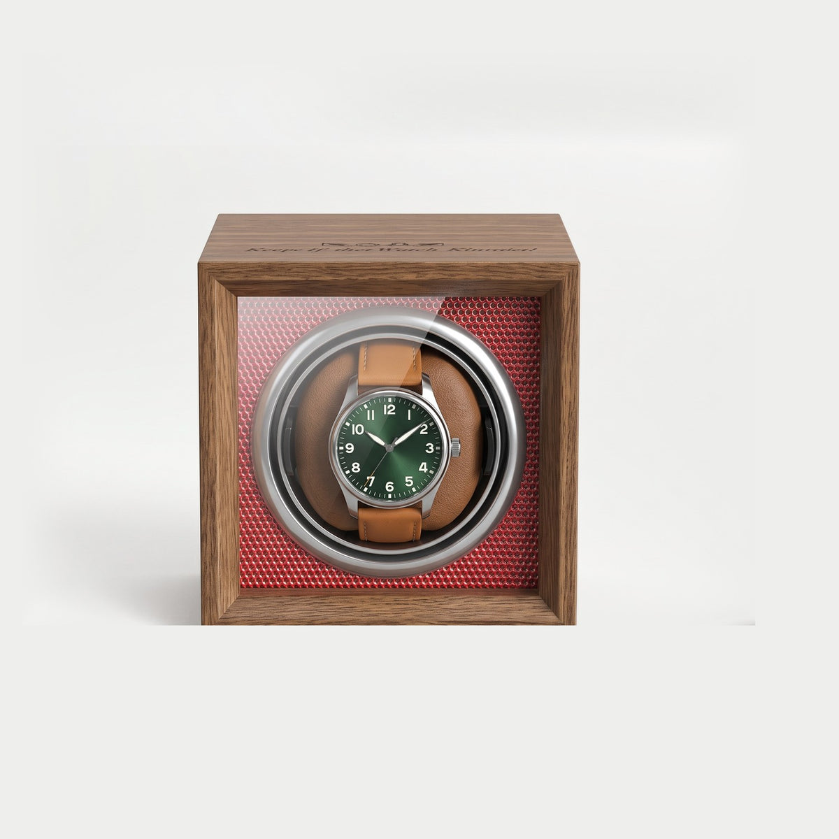 Remontoir Cadran une montre, bois foncé, intérieur rouge, éclairage bleu, une montre sur son coussin
