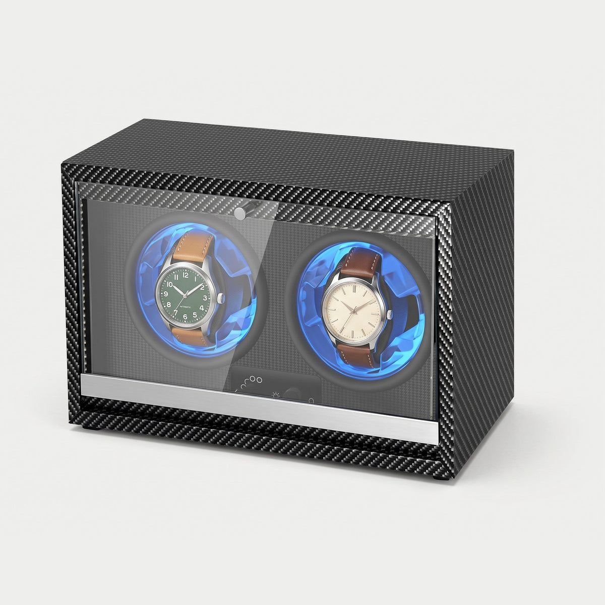 Remontoir Calibre 2 montres, façon carbone, deux montres sur leurs coussins