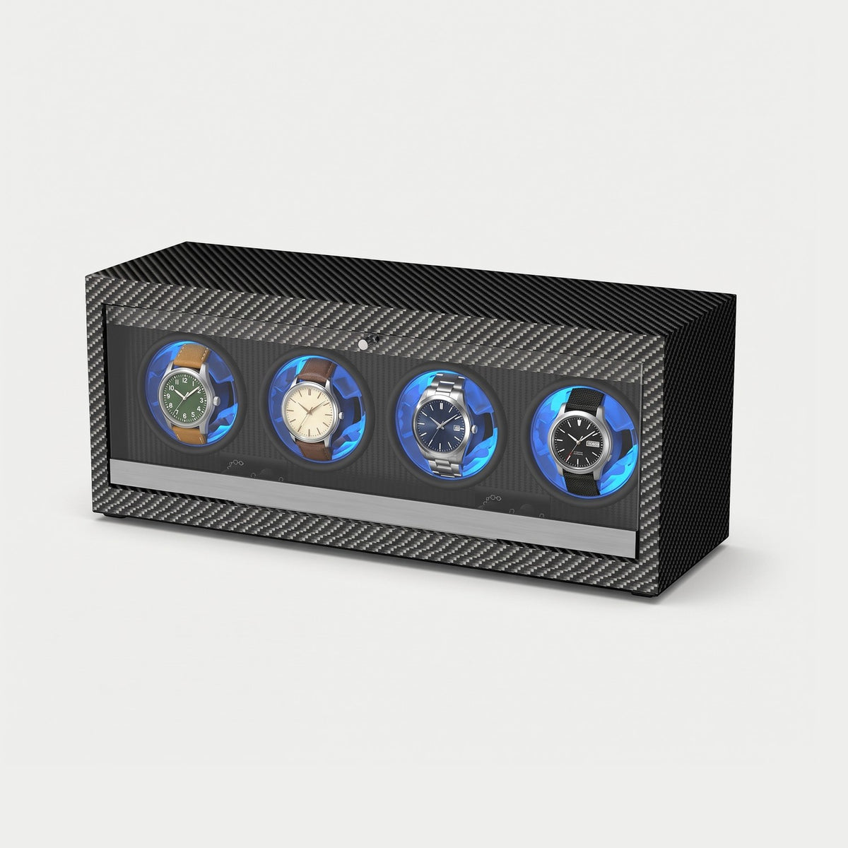 Remontoir Calibre 4 montres en longueur, façon carbone, quatre montres sur leurs coussins