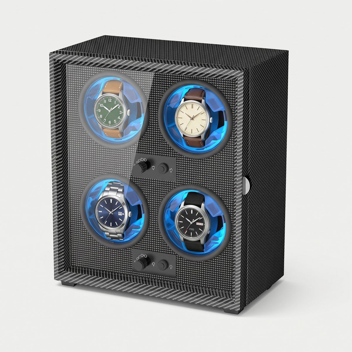 Remontoir Calibre 4 montres, façon carbone, porte vitrée, quatre montres sur leurs coussins