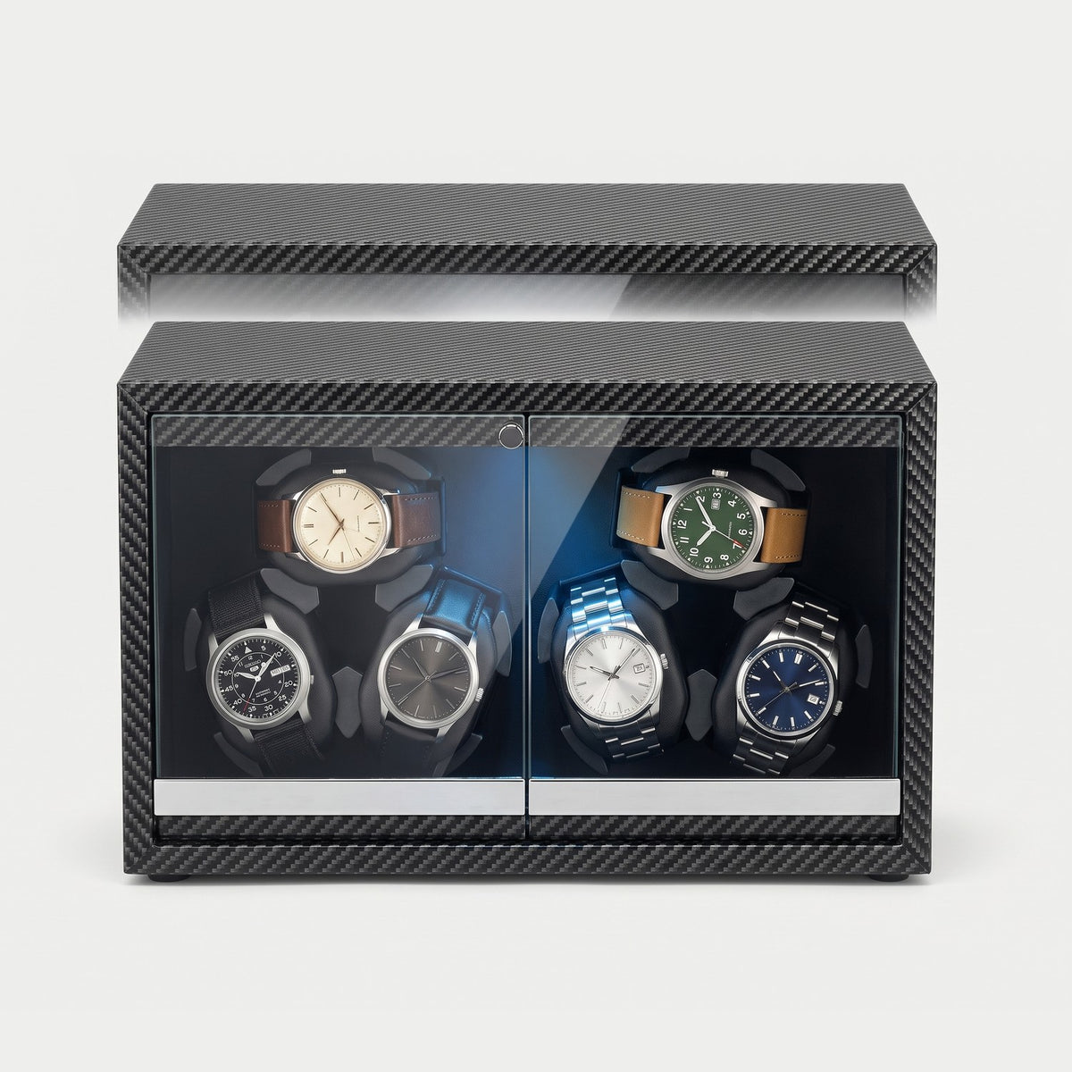 Remontoir Calibre 6 montres, façon carbone, six montres sur leurs coussins