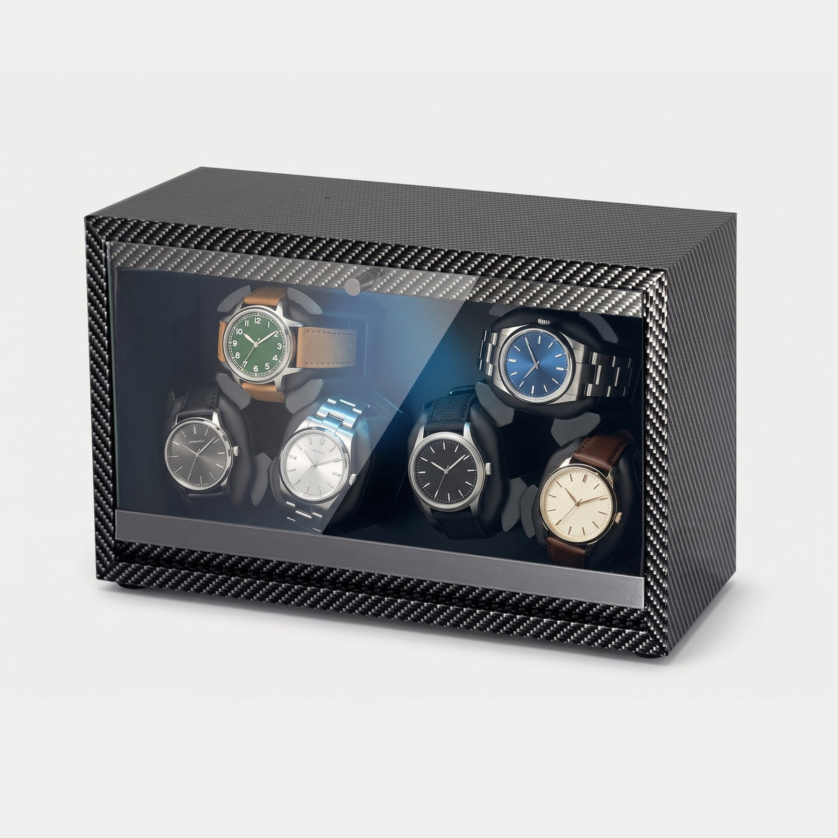 Remontoir Calibre 6 montres, façon carbone, six montres sur leurs coussins