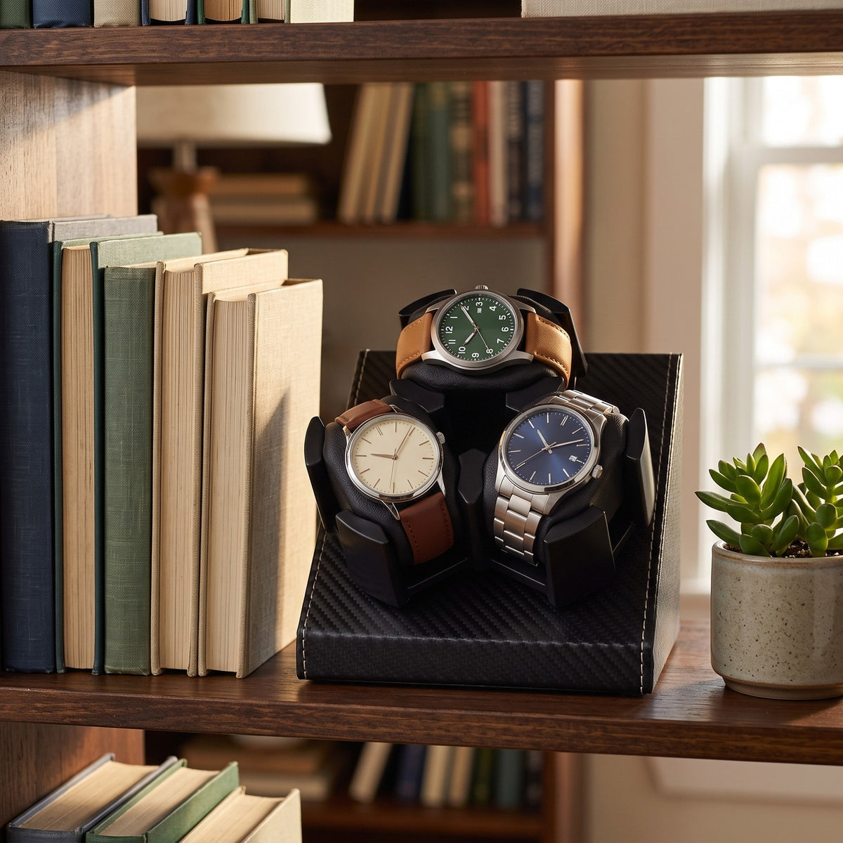 Remontoir Cliquet 3 montres, posé sur une étagère de bibliothèque