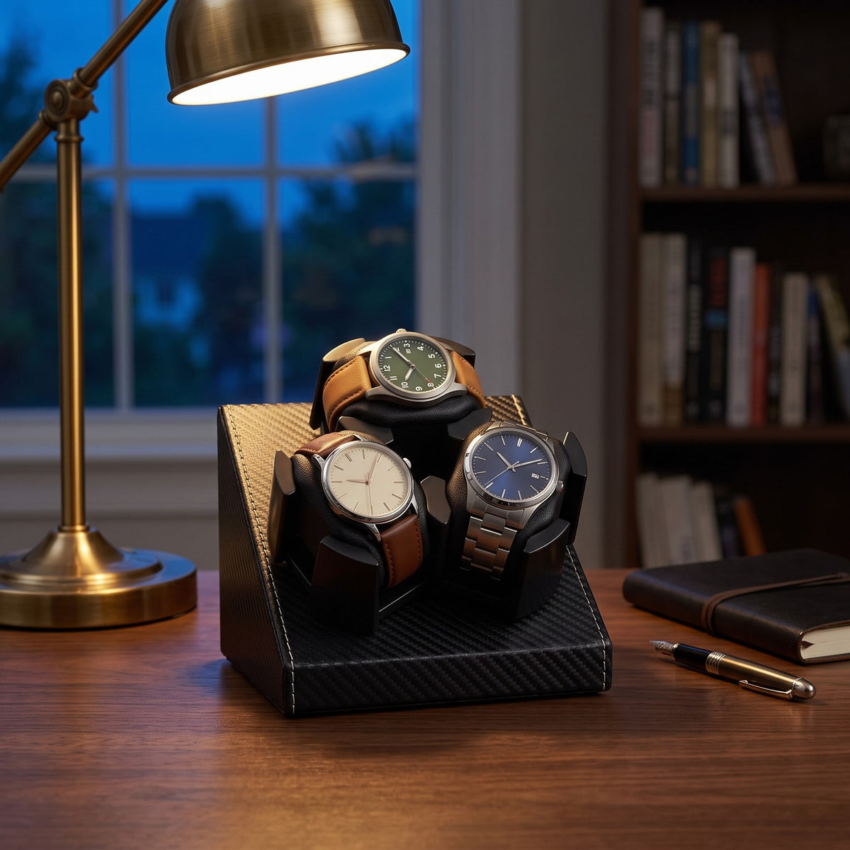 Remontoir Cliquet 3 montres, posé sur un bureau, le soir