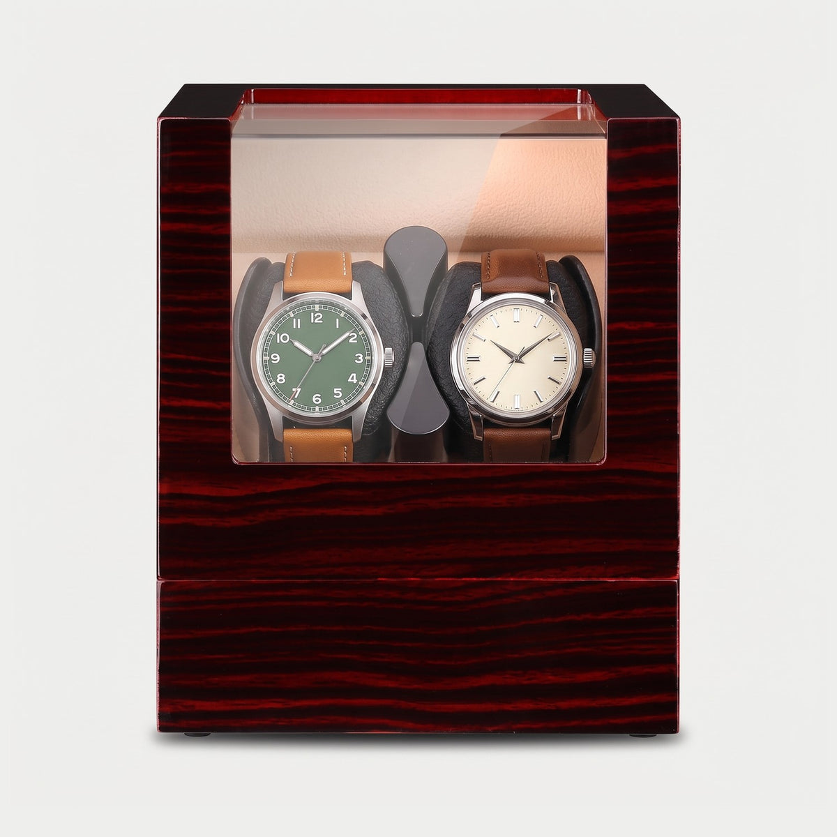 Remontoir Couronne 2 montres, bois foncé, deux montres sur leurs coussins