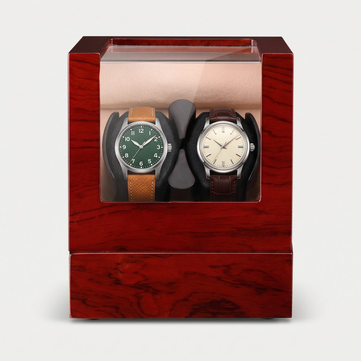 Remontoir Couronne 2 montres, bois rouge, deux montres sur leurs coussins