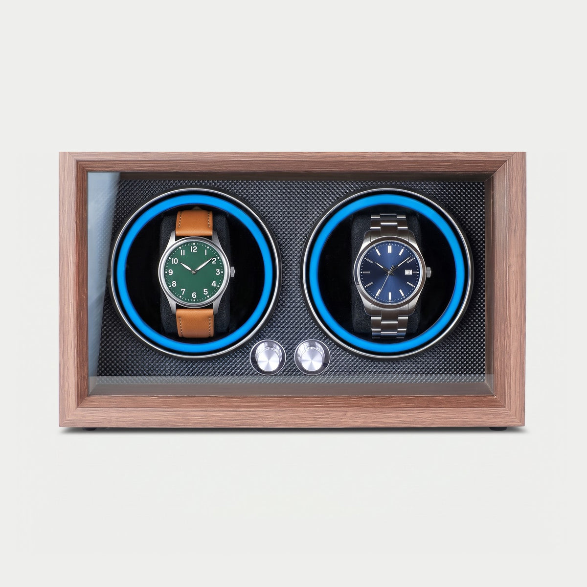 Remontoir Fusée 2 montres, façon noyer, deux montres sur leurs coussins