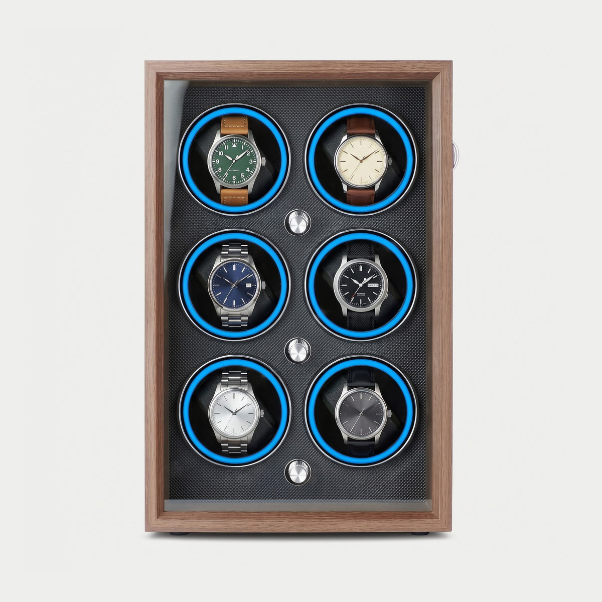 Remontoir Fusée 6 montres, façon noyer, six montres sur leurs coussins