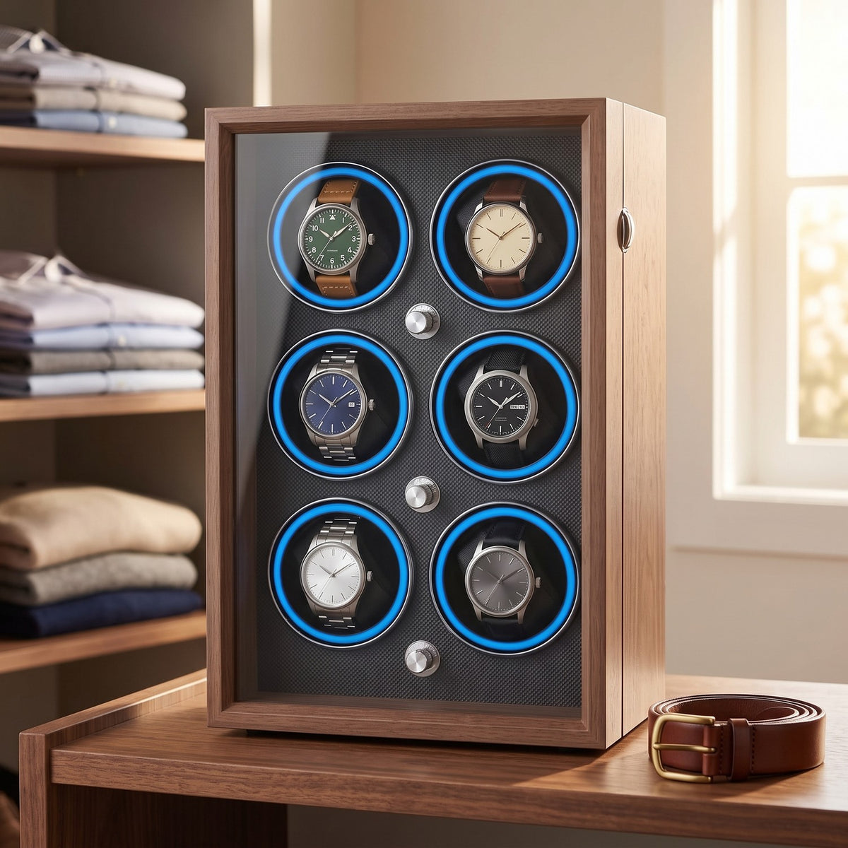 Remontoir Fusée 6 montres, posé sur une étagère de dressing, le matin
