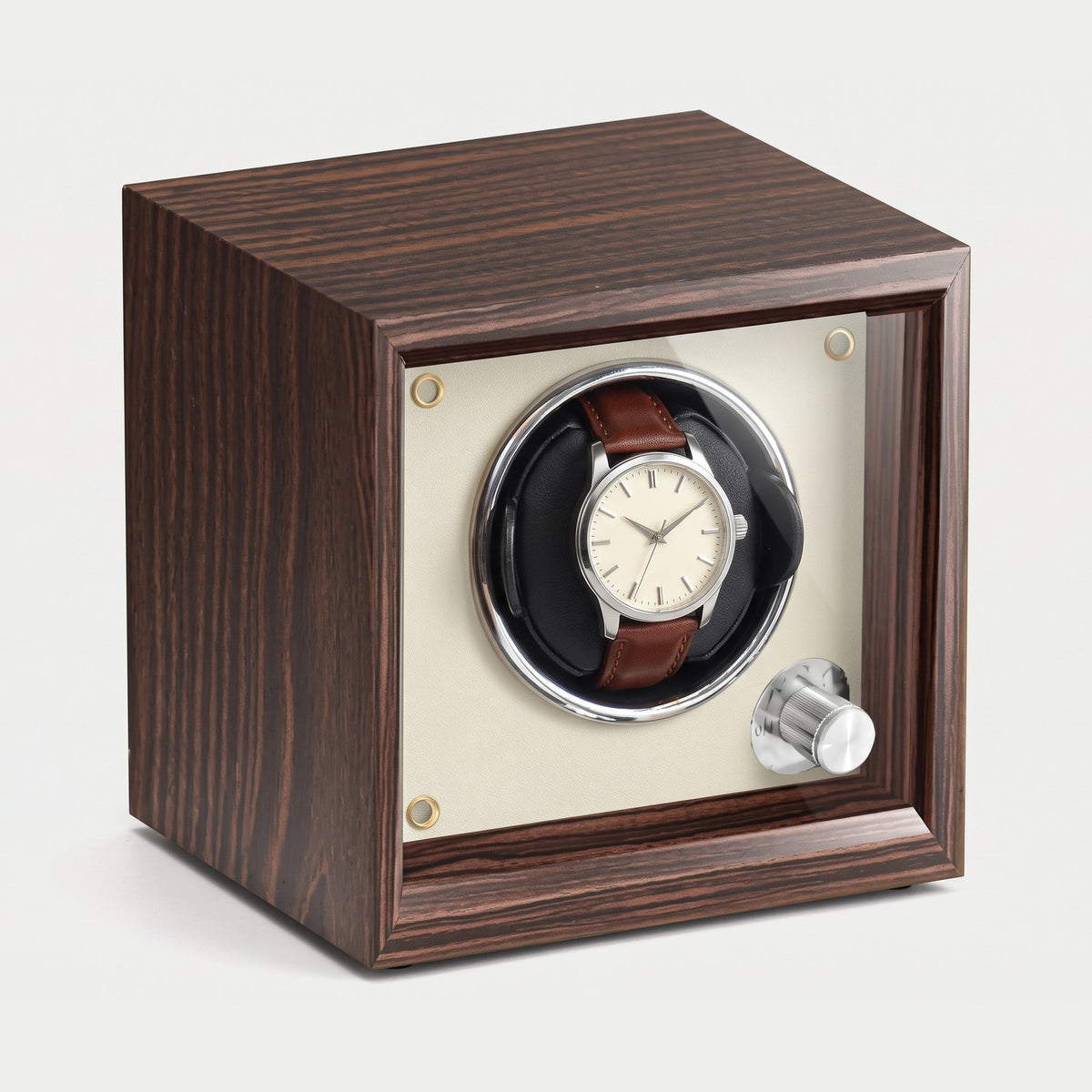 Remontoir Guichet une montre, bois foncé, intérieur blanc, une montre sur son coussin