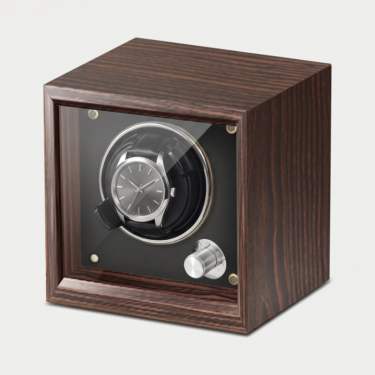 Remontoir Guichet une montre, bois foncé, intérieur noir, une montre sur son coussin